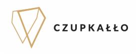 Logo firmy Czupkałło: abstrakcyjny, geometryczny symbol w kolorze złota, przypominający diament, umieszczony obok nazwy firmy zapisaną czarną czcionką na białym tle.