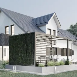 Wizualizacja domu jednorodzinnego z szarą dachówką, pergolą z zieloną ścianą i nowoczesnym oświetleniem ogrodowym w trawniku.