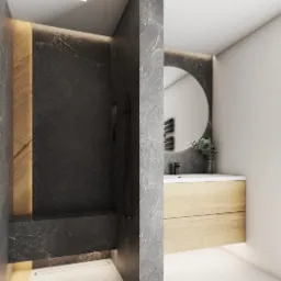 Nowoczesna łazienka z kabiną prysznicową wykończoną kamieniem, podświetlonym siedziskiem i okrągłym lustrem nad drewnianą szafką z umywalką.