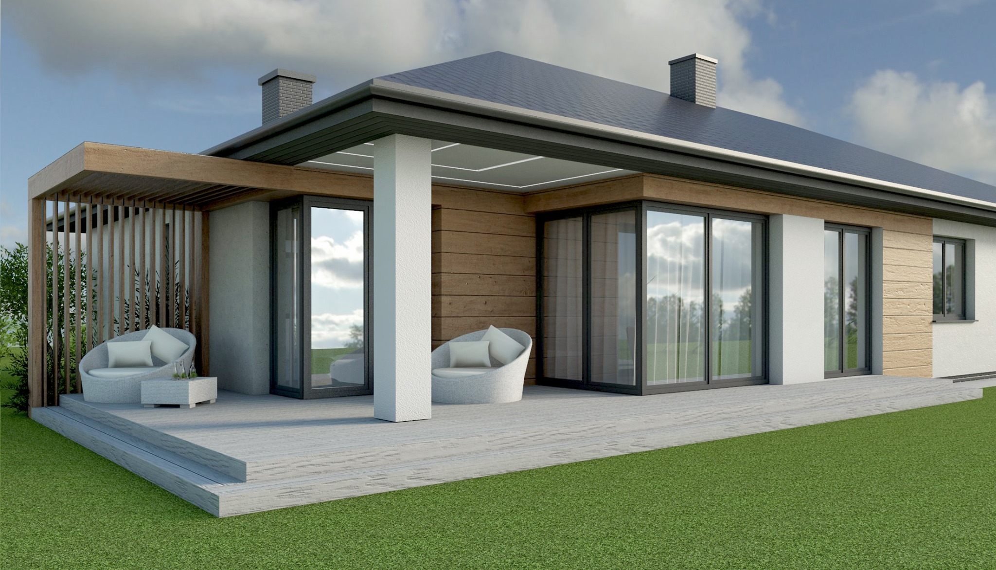 Wizualizacja domu jednorodzinnego z drewnianą elewacją, tarasem z szarych desek kompozytowych, pergolą z drewnianymi lamelami i białymi, okrągłymi fotelami z poduszkami.