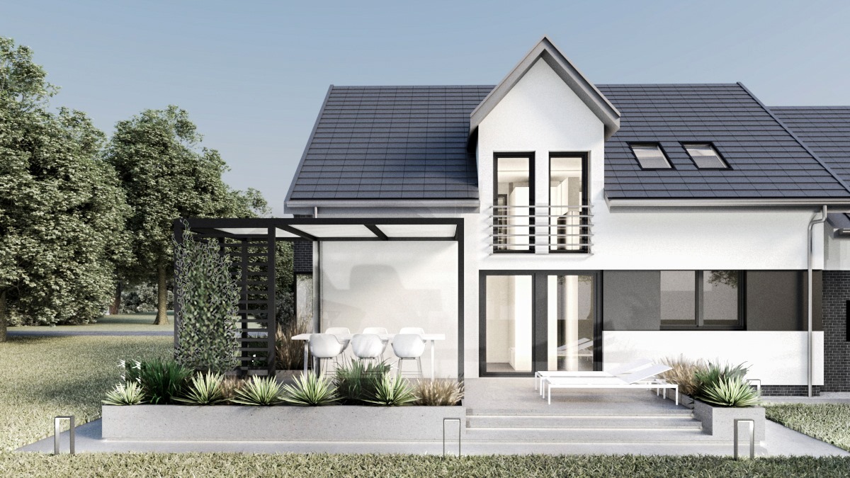 Wizualizacja nowoczesnego domu jednorodzinnego z tarasem, pergolą porośniętą roślinnością i minimalistycznym ogrodem z ozdobnymi trawami.