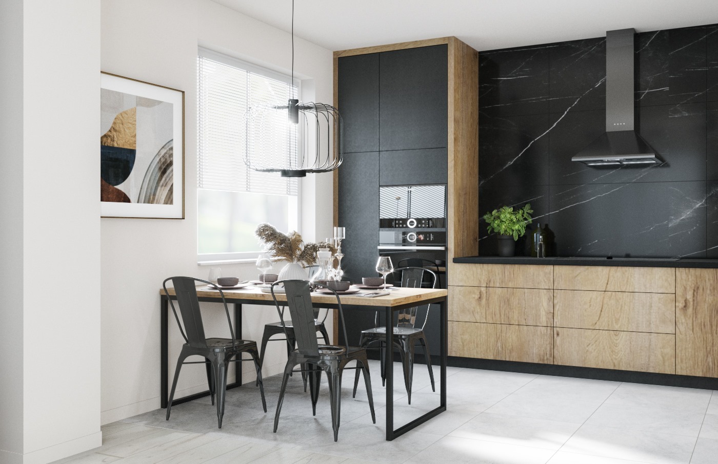 Nowoczesna jadalnia z czarnymi krzesłami typu Tolix, drewnianym stołem z nakryciem, wiszącą lampą drucianą, zabudową kuchenną z czarnymi frontami i okładziną imitującą marmur.