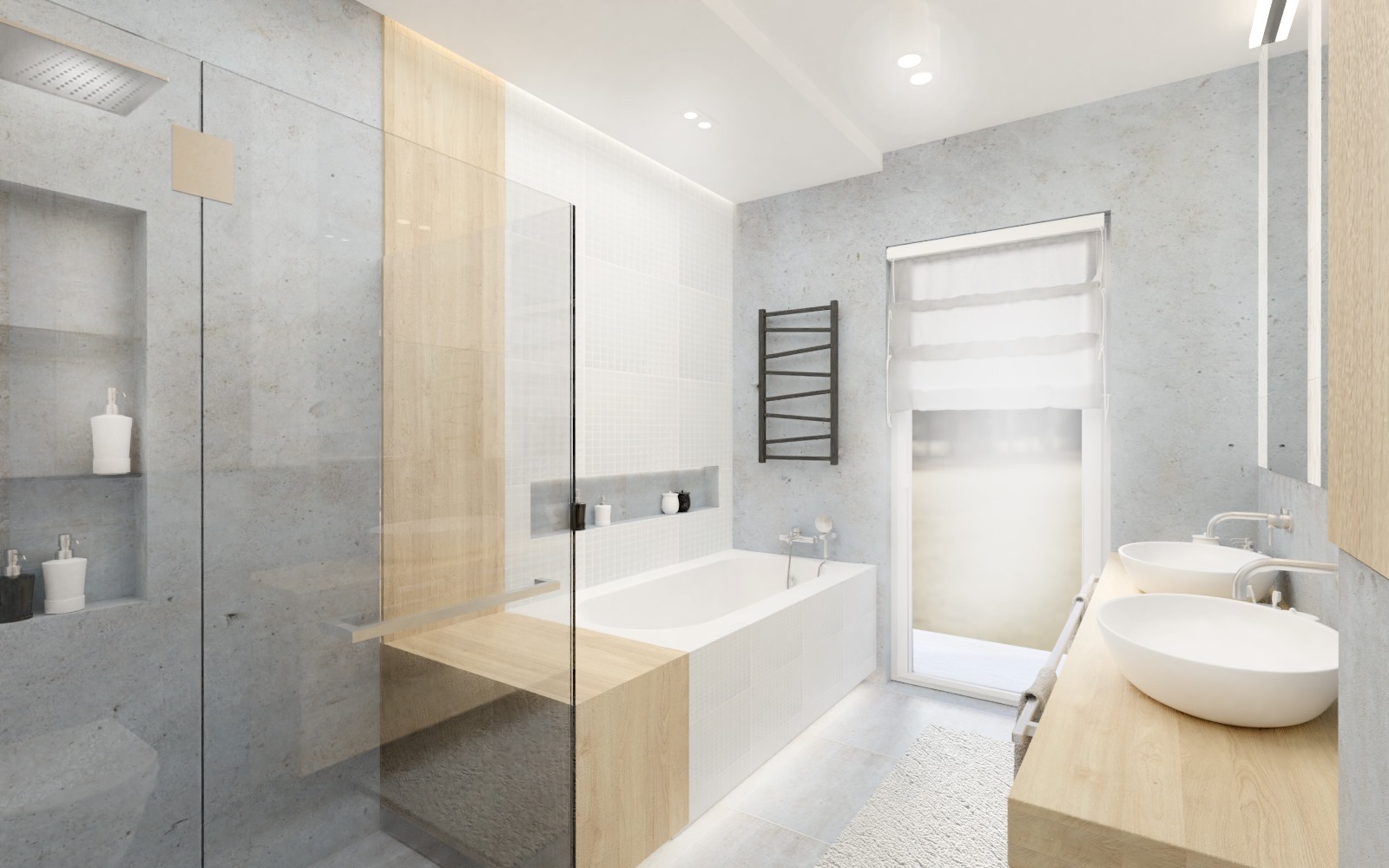Nowoczesna łazienka z kabiną prysznicową typu walk-in, białą wanną obudowaną drewnem, dwoma umywalkami nablatowymi i szarą, betonową ścianą.