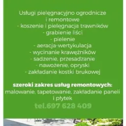 Ogłoszenie firmy Kris-Rem: usługi ogrodnicze (koszenie, pielęgnacja, grabienie, pielenie, aeracja, wycinanie, sadzenie, nawożenie, kostka) i remontowe (malowanie, tapetowanie, panele, płytki).