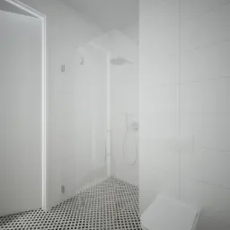 Wizualizacja minimalistycznej łazienki z kabiną prysznicową typu walk-in, białą armaturą i czarno-białą mozaiką podłogową.