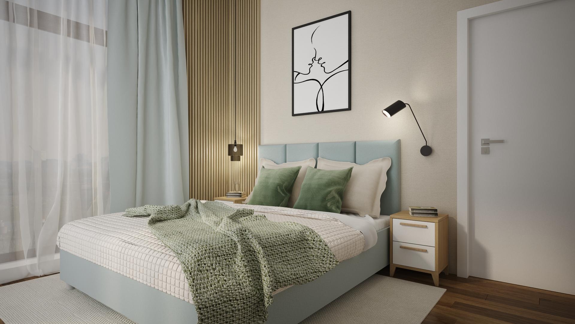 Nowoczesna sypialnia z łóżkiem w pastelowych odcieniach, zielonym pledem i poduszkami, minimalistycznym oświetleniem punktowym i abstrakcyjnym obrazem na ścianie.