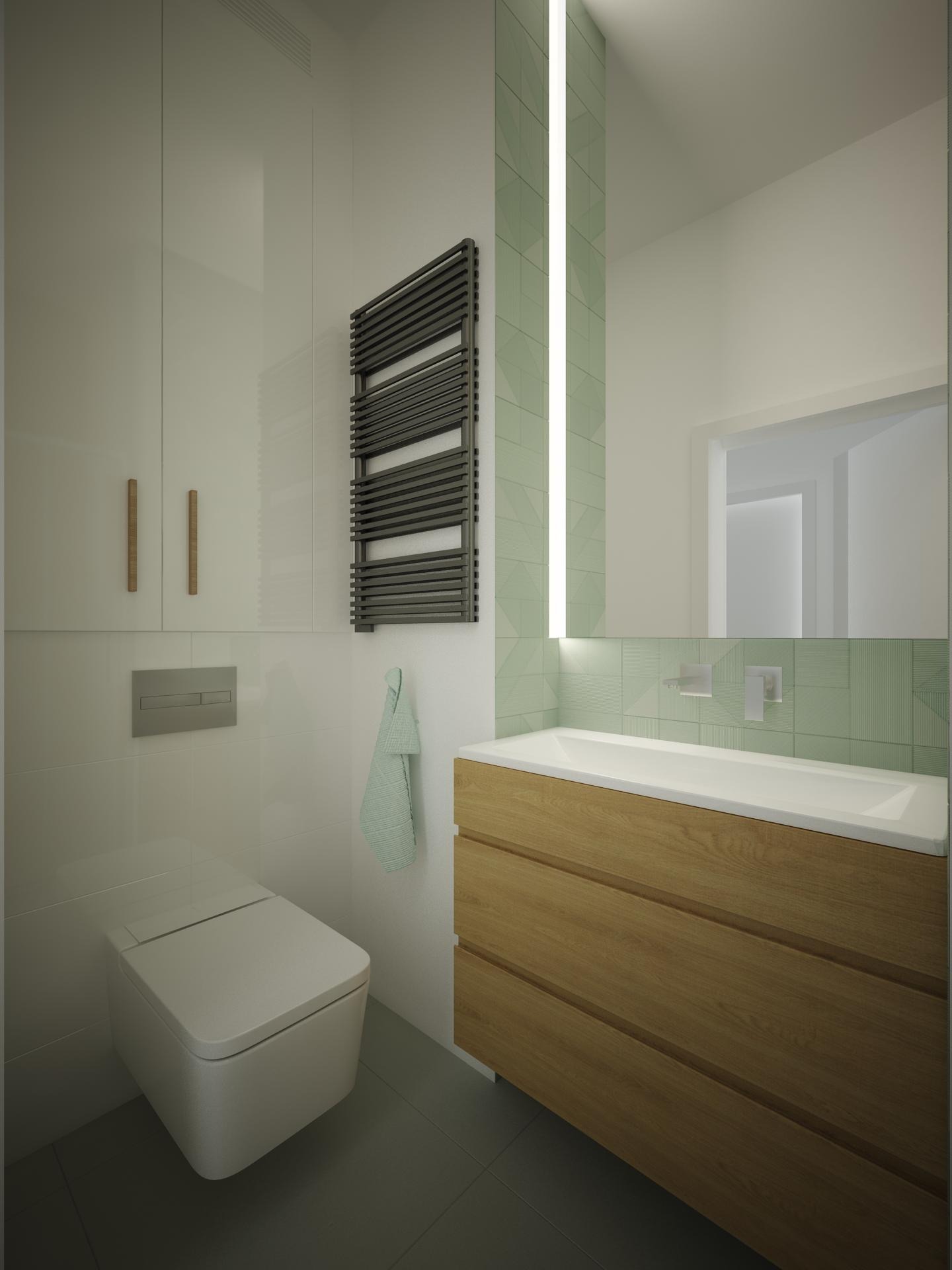Wizualizacja nowoczesnej łazienki z podwieszaną toaletą, drewnianą szafką pod umywalką i grzejnikiem drabinkowym, akcentowana zielonymi płytkami i oświetleniem LED w lustrze.