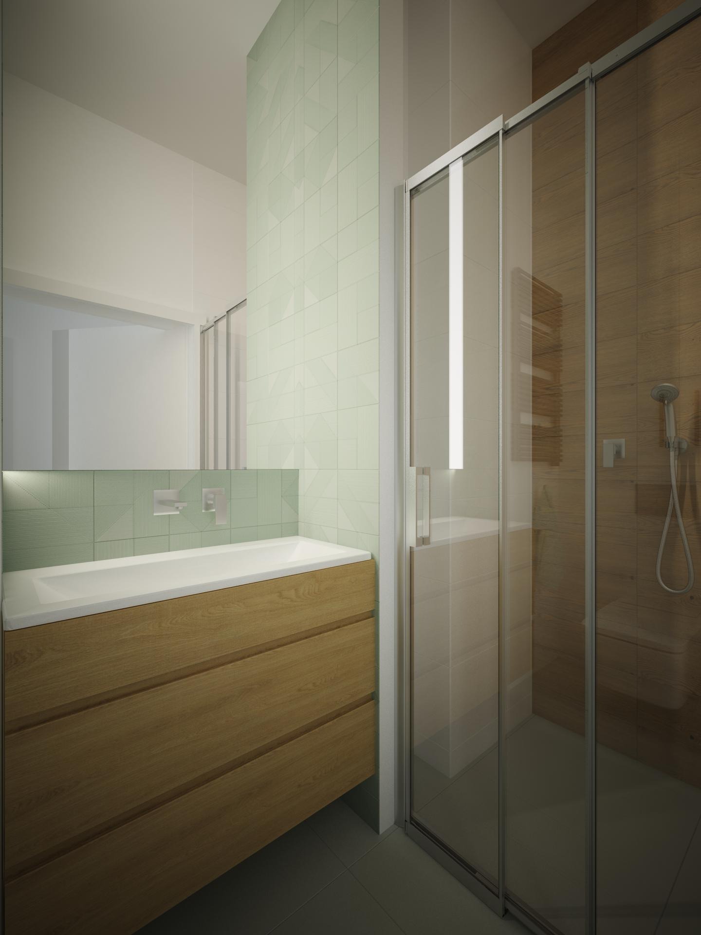 Wizualizacja nowoczesnej łazienki z drewnianą szafką pod umywalką, kabiną prysznicową z drewnopodobnymi płytkami i zielonymi geometrycznymi płytkami na ścianie.