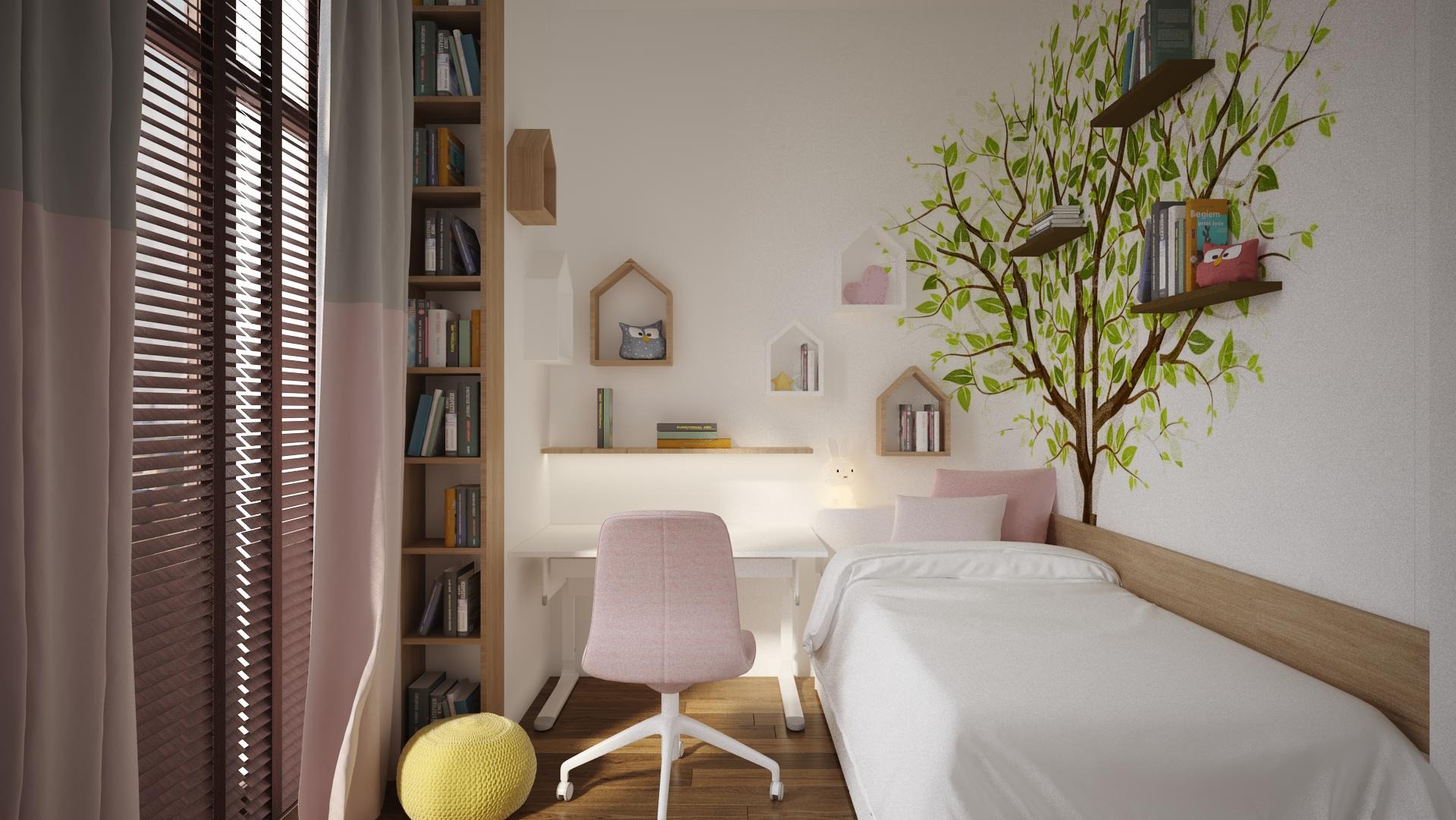 Pokój dziecięcy z biurkiem, łóżkiem i regałem na książki, dekorowany motywem drzewa na ścianie, oświetlony lampką nocną w kształcie królika.