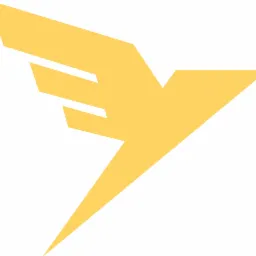 Żółty, stylizowany symbol przypominający ptaka w locie lub błyskawicę, na białym tle.