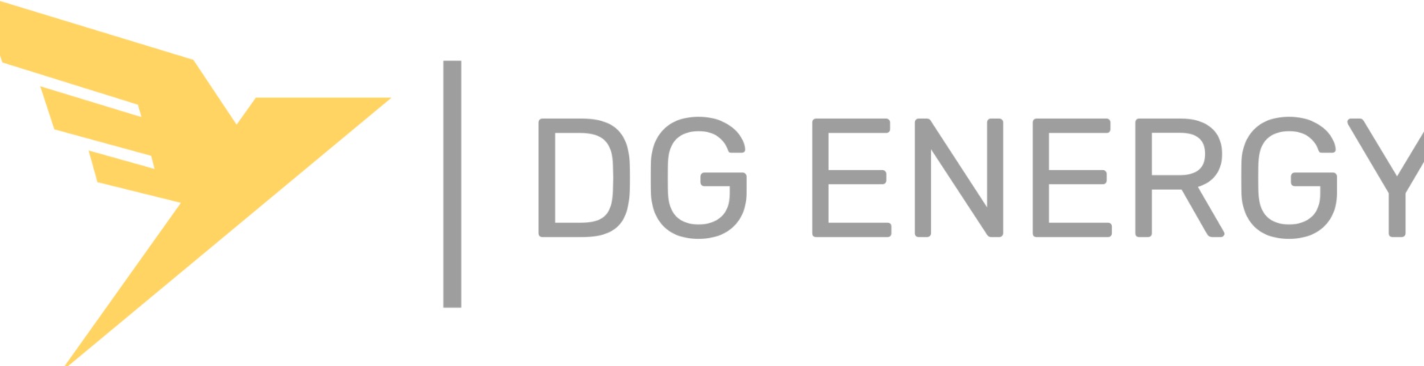 Logo firmy DG ENERGY z symbolem stylizowanego pioruna/skrzydła w kolorze żółtym i szarym napisem DG ENERGY po prawej stronie