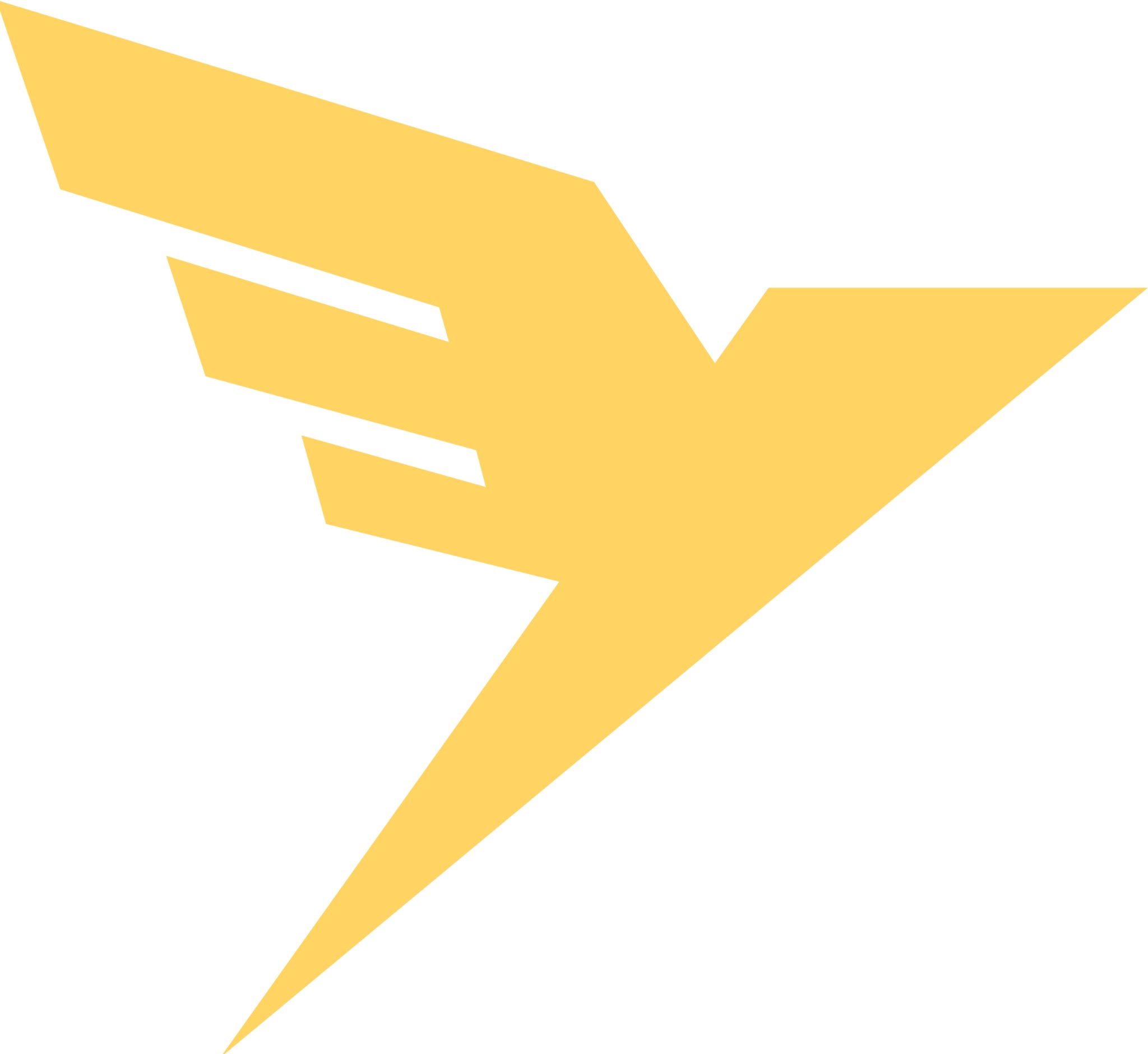 Żółty, stylizowany symbol przypominający ptaka w locie lub błyskawicę, na białym tle.