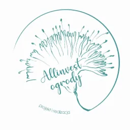 Logo firmy Allinvest ogrody w formie stylizowanego dmuchawca w odcieniach morskiej zieleni z napisem 'projekt i realizacja' u dołu.