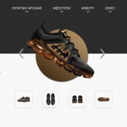 Prezentacja butów Nike Air VaporMax 2019 na stronie internetowej, z opcjami wyboru rozmiaru i przyciskiem zakupu.