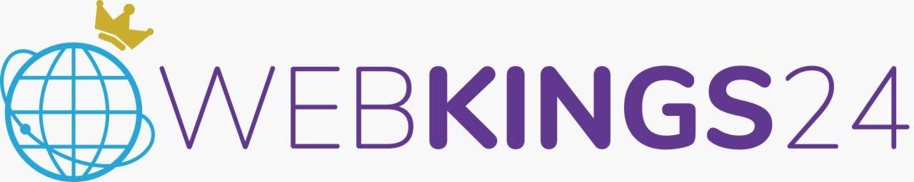 Logo firmy Webkings24: niebieski globus z koroną nad fioletowym napisem.