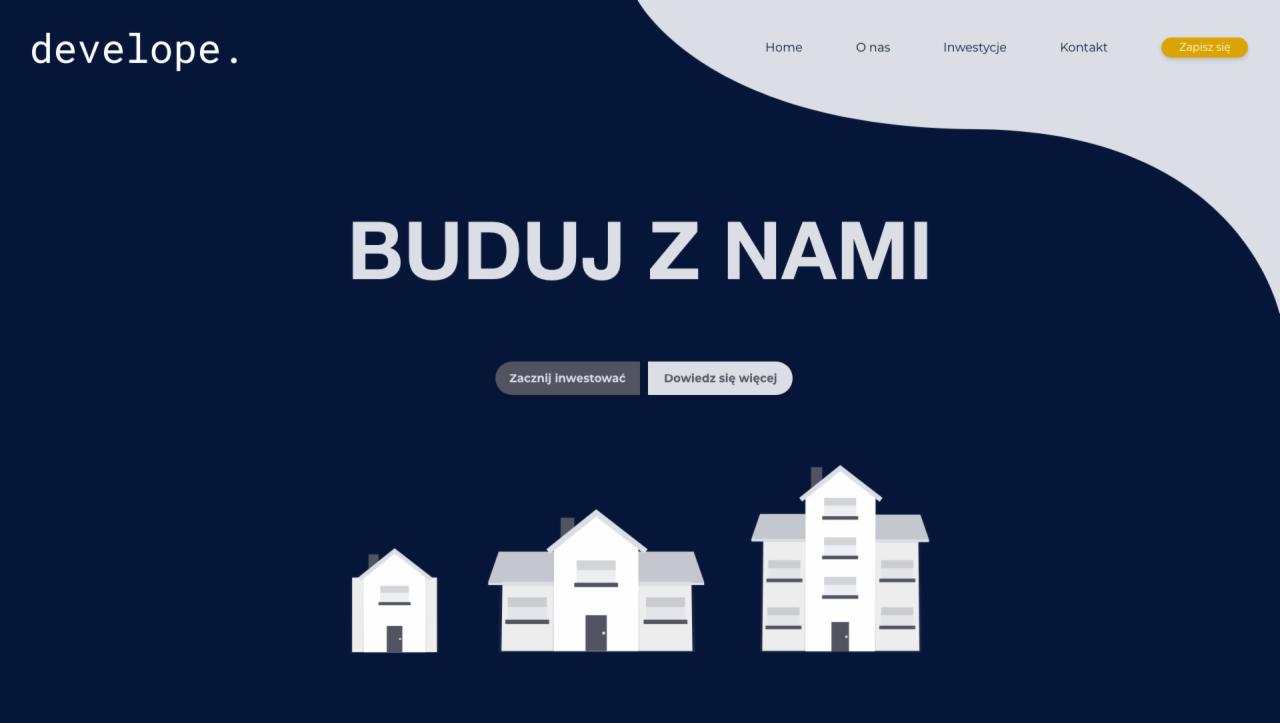 Grafika strony internetowej z hasłem 'Buduj z nami' i trzema rosnącymi domami, nawiązująca do inwestycji i rozwoju.