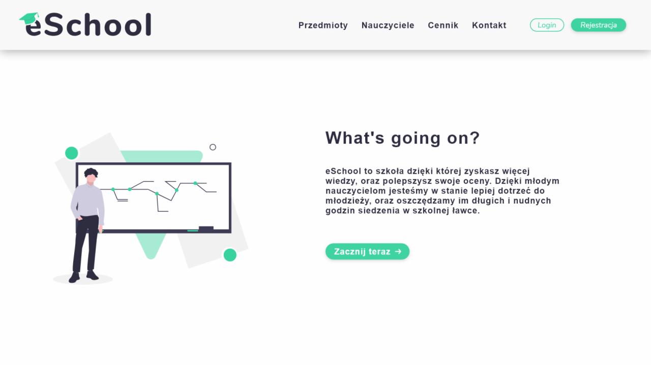 Ilustracja strony internetowej eSchool z grafiką przedstawiającą ucznia przed tablicą z wykresem, promująca platformę edukacyjną.