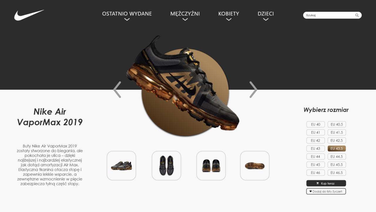 Prezentacja butów Nike Air VaporMax 2019 na stronie internetowej, z opcjami wyboru rozmiaru i przyciskiem zakupu.