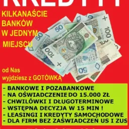 Ogłoszenie kredytowe z hasłem 'Kredyty', stosem banknotów 50 i 100 złotowych oraz informacją o ofercie kredytów bankowych i pozabankowych, chwilówkach, leasingach i kredytach samochodowych, wraz...