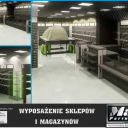Wizualizacja wnętrza sklepu sportowego z ekspozycją namiotu turystycznego, plecaków i regałów z metalowymi listwami.