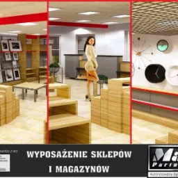 Wizualizacja wnętrza sklepu z drewnianymi regałami i ekspozytorami, modelka w jasnym swetrze pozuje na tle aranżacji, na ścianie wiszą zegary.