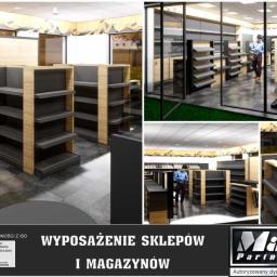 Mago Partner - Wizualizacja wnętrza sklepu z regałami ekspozycyjnymi z drewnianymi elementami i szarymi półkami, widok na pracownika w tle, logo firmy w dolnej części.