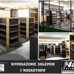 Wizualizacja wnętrza sklepu z regałami ekspozycyjnymi z drewnianymi elementami i szarymi półkami, widok na pracownika w tle, logo firmy w dolnej części.