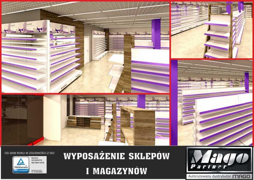 Wizualizacja wnętrza sklepu z białymi regałami i fioletowymi akcentami, prezentująca kompleksowe wyposażenie przestrzeni handlowej.