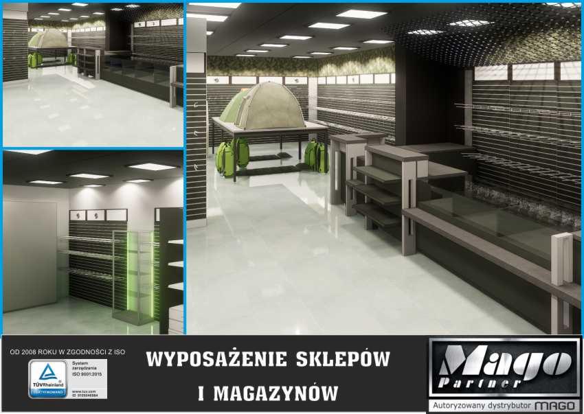 Wizualizacja wnętrza sklepu sportowego z ekspozycją namiotu turystycznego, plecaków i regałów z metalowymi listwami.