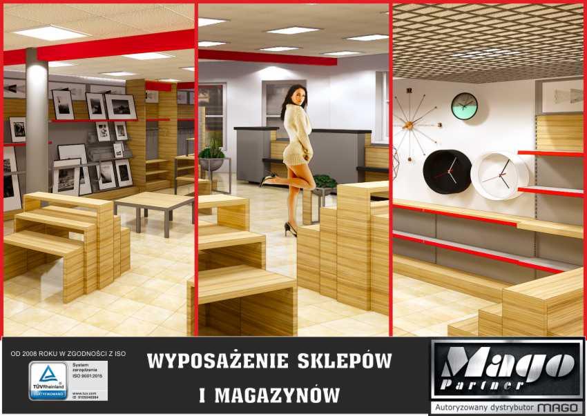 Wizualizacja wnętrza sklepu z drewnianymi regałami i ekspozytorami, modelka w jasnym swetrze pozuje na tle aranżacji, na ścianie wiszą zegary.