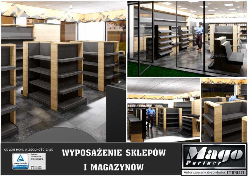 Wizualizacja wnętrza sklepu z regałami ekspozycyjnymi z drewnianymi elementami i szarymi półkami, widok na pracownika w tle, logo firmy w dolnej części.