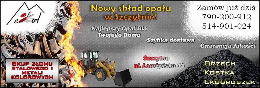 Reklama składu opału w Szczytnie z grafiką przedstawiającą złom, koparkę i pryzmę węgla.