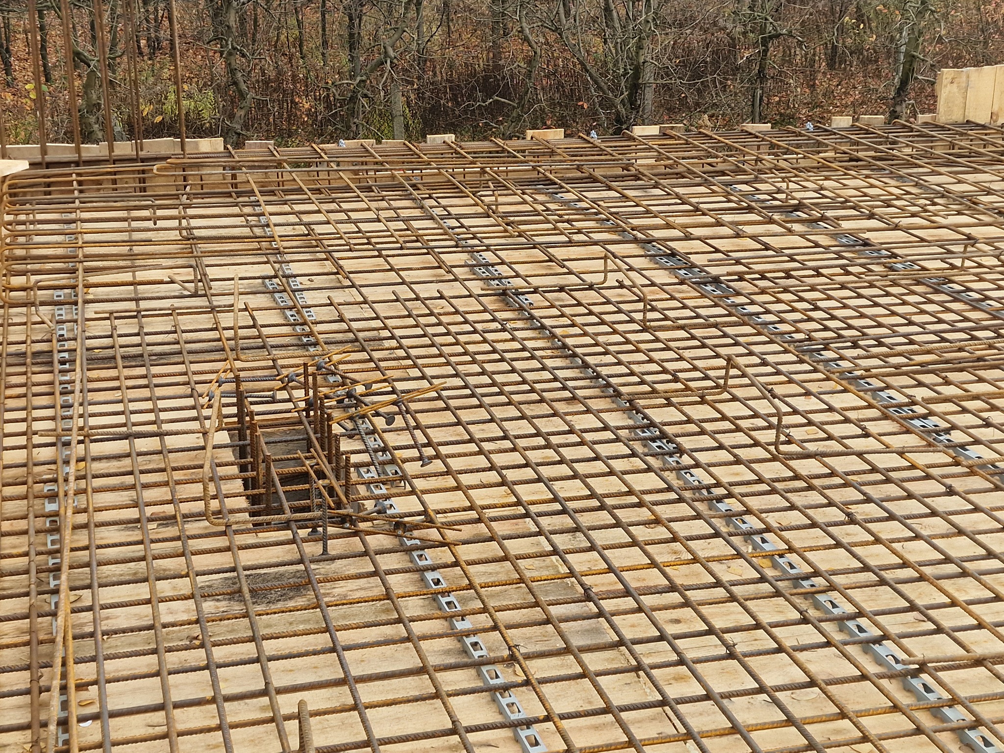 Zbrojenie płyty fundamentowej z widocznymi dystansami na deskowaniu, przygotowane do zalania betonem, z drzewami w tle.