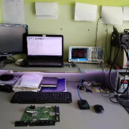 Stół warsztatowy z płytą główną telewizora, oscyloskopem, lutownicą hot air, laptopem z wyświetlonym kodem, miernikami i narzędziami.