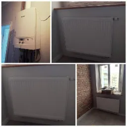 Kolaż: biały piec gazowy wiszący na ścianie, grzejnik panelowy pod oknem z ceglaną ścianą w tle, oraz dwa ujęcia grzejników na ścianie.