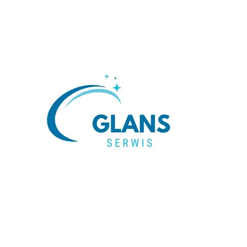 Logo firmy 'GLANS SERWIS' z niebieskim półokręgiem i trzema gwiazdkami nad napisem.