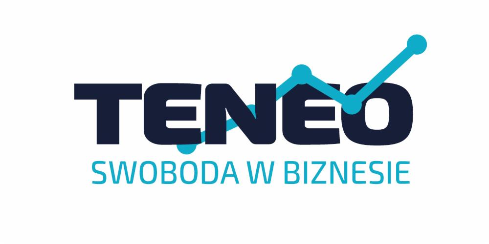 Graficzne logo firmy Teneo z hasłem 'Swoboda w biznesie', zintegrowane z niebieskim wykresem wzrostowym.