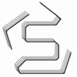 Stylizowany, geometryczny logotyp firmy w odcieniach szarości, przypominający literę 'S' zbudowaną z równoległych linii.