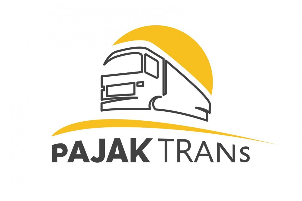 Minimalistyczny projekt logo dla firmy transportowej 'Pająk Trans', przedstawiający schematyczny rysunek ciężarówki na tle żółtego półkola, symbolizującego słońce.