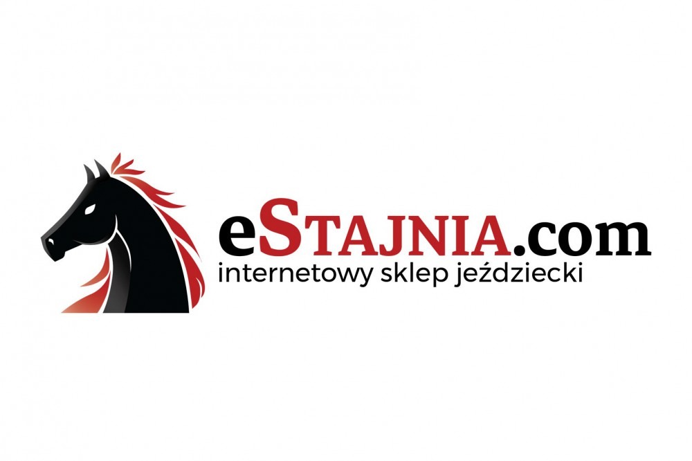 Logo sklepu internetowego z artykułami jeździeckimi: czarny profil głowy konia z czerwoną grzywą i napisem 'eSTAJNIA.com internetowy sklep jeździecki'.