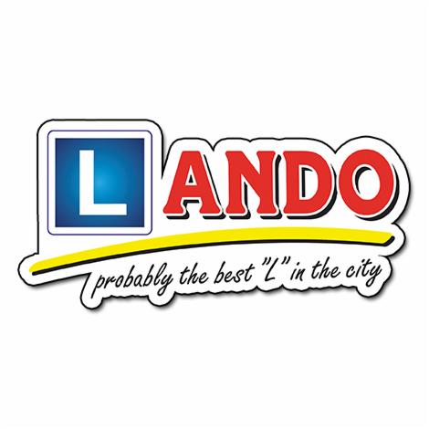 Logo firmy z niebieskim kwadratem z białą literą L, czerwonym napisem ANDO i żółtą linią, slogan: 'probably the best 'L' in the city'.