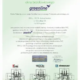 Skan certyfikatu okien bezołowiowych 'greenline' z informacjami o producencie, normach i kontroli jakości, uzupełniony o schematy przekrojów profili okiennych KBE, TROCAL i KÖMMERLING.