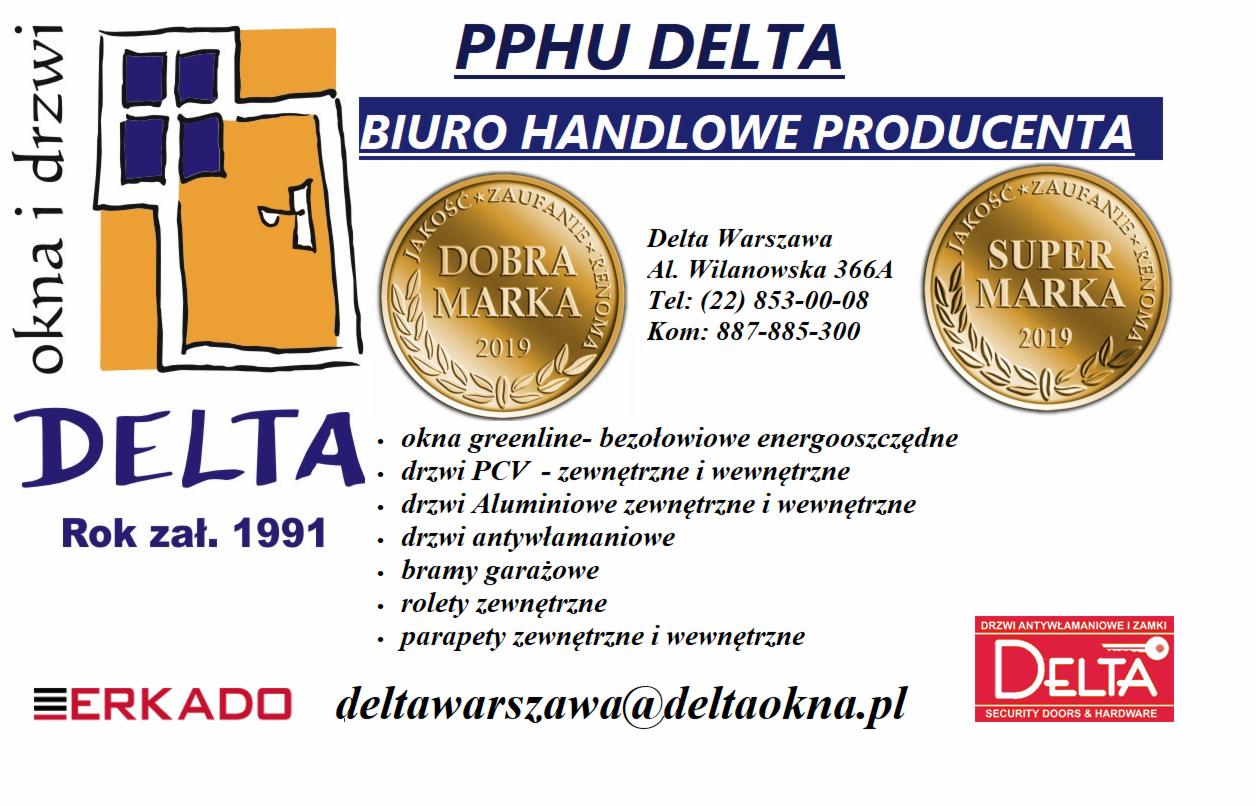 Logo firmy PPHU Delta, producenta okien i drzwi, z adresem, numerami telefonów, listą oferowanych produktów i certyfikatami jakości Dobra Marka i Super Marka 2019.