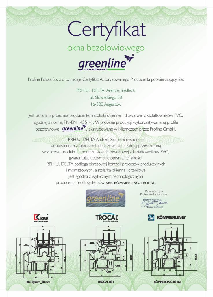 Skan certyfikatu okien bezołowiowych 'greenline' z informacjami o producencie, normach i kontroli jakości, uzupełniony o schematy przekrojów profili okiennych KBE, TROCAL i KÖMMERLING.