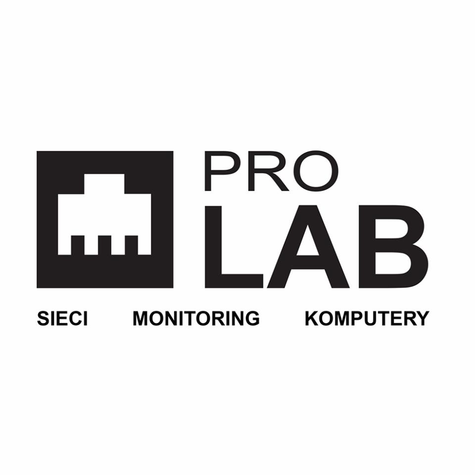 Czarne logo firmy PRO LAB z symbolem gniazda sieciowego w kwadracie oraz napisami SIECI MONITORING KOMPUTERY.