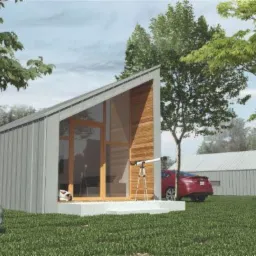 Wizualizacja nowoczesnej altany z metalowym poszyciem i dużym przeszkleniem, obok teleskop i czerwony samochód, otoczenie zielone.