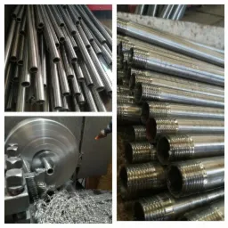 Kolaż przedstawiający obróbkę metalowych rur: surowe rury, gwintowanie na tokarce z wiórami, oraz gotowe rury z gwintem.