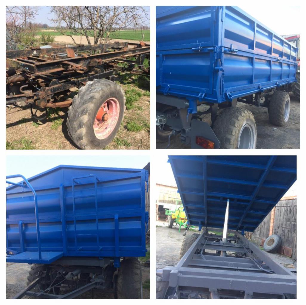Cztery ujęcia przyczepy rolniczej: przed renowacją (rdzewiejąca rama z kołem), z boku po renowacji (niebieska skrzynia, drabinka), z tyłu po renowacji (niebieska skrzynia na kołach), rama po...