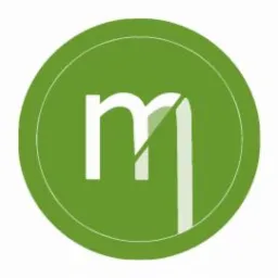 Zielone okrągłe logo z białą literą 'm' z efektem odwróconej kartki w prawym górnym rogu.