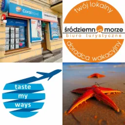 Fasada budynku z szyldami i plakatami reklamowymi dwóch agencji turystycznych: Coral Travel i Śródziemnomorze, obok logo Taste My Ways i zbliżenie na czerwoną rozgwiazdę na piaszczystej plaży.